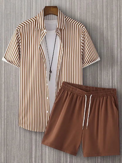 Casual Men's Summer Set – Striped Shirt & Hawaiian Beach Shorts