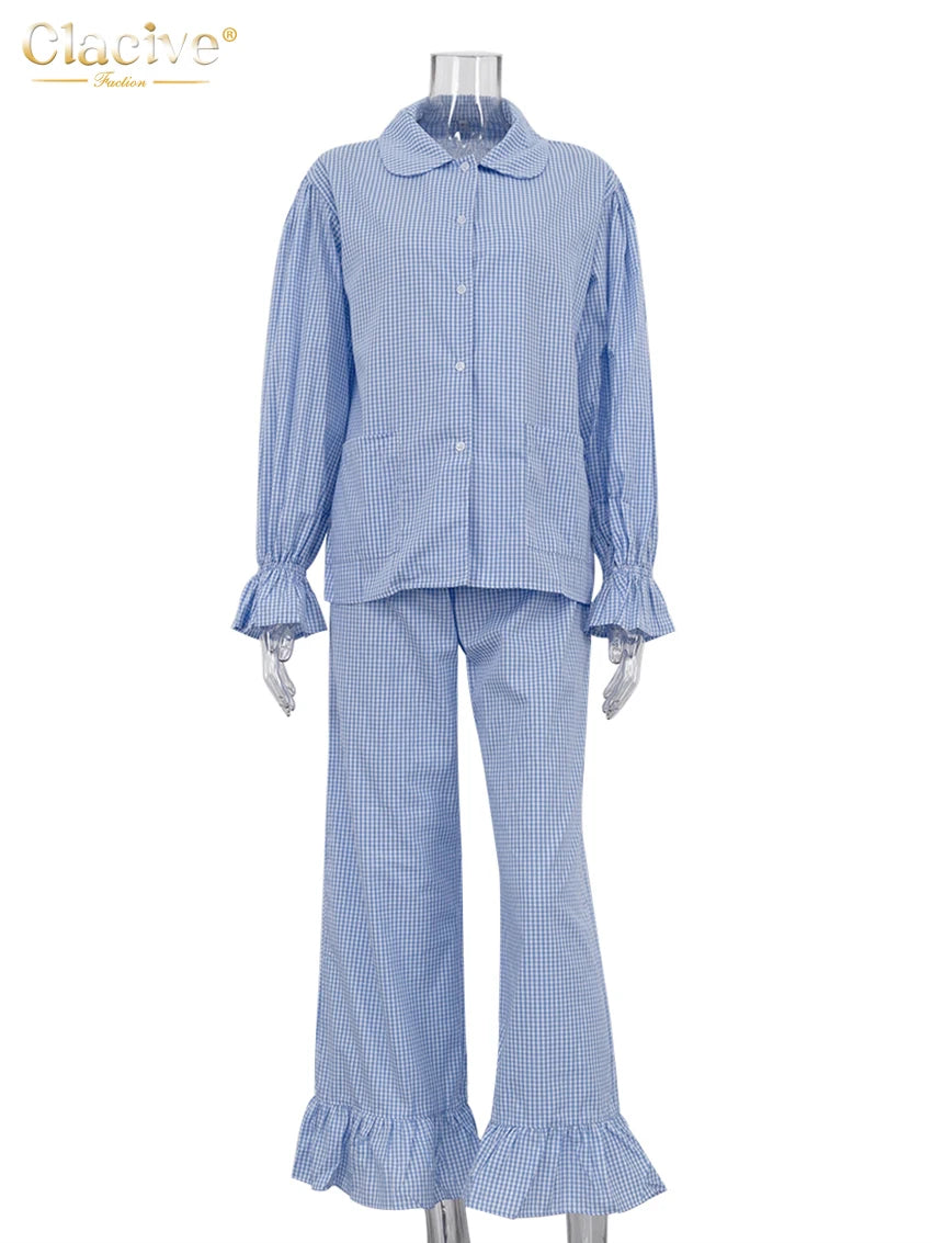 Fashion Loose Plaid Cotton Women'S 3 Pieces Set 2025 Elegant Long Sleeve Shirt with High Wiast Wide Pants Set Female