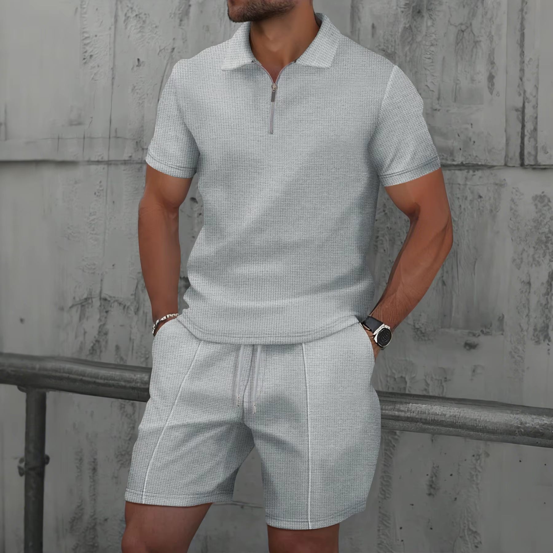 2025 Men Europe and the United States New Summer Waffle Solid Color Zip-Up Lapel Short-Sleeve Suit Shorts Two Sets