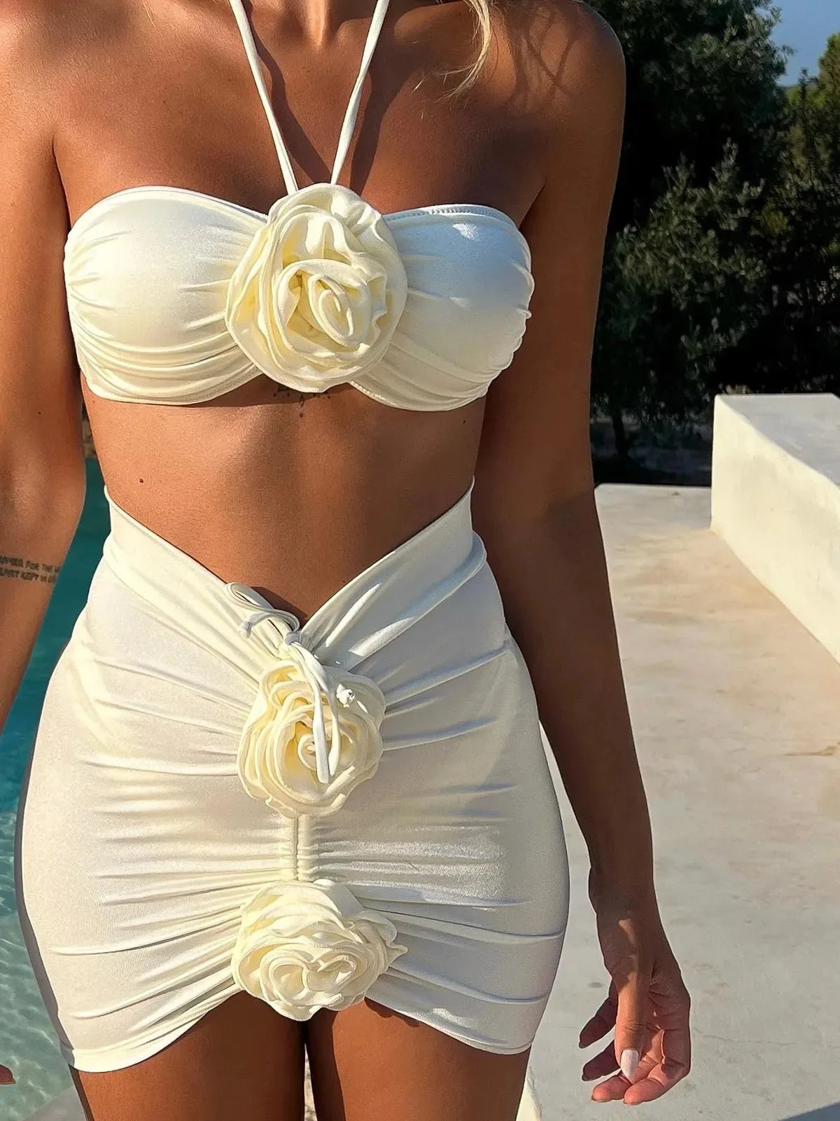 3-Piece Bikini Set – 3D Floral Design with Mesh Cover-Up