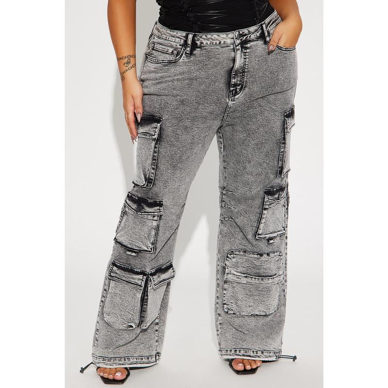 Fairfax High Rise Stretch Cargo Jeans - Acid Wash Grey