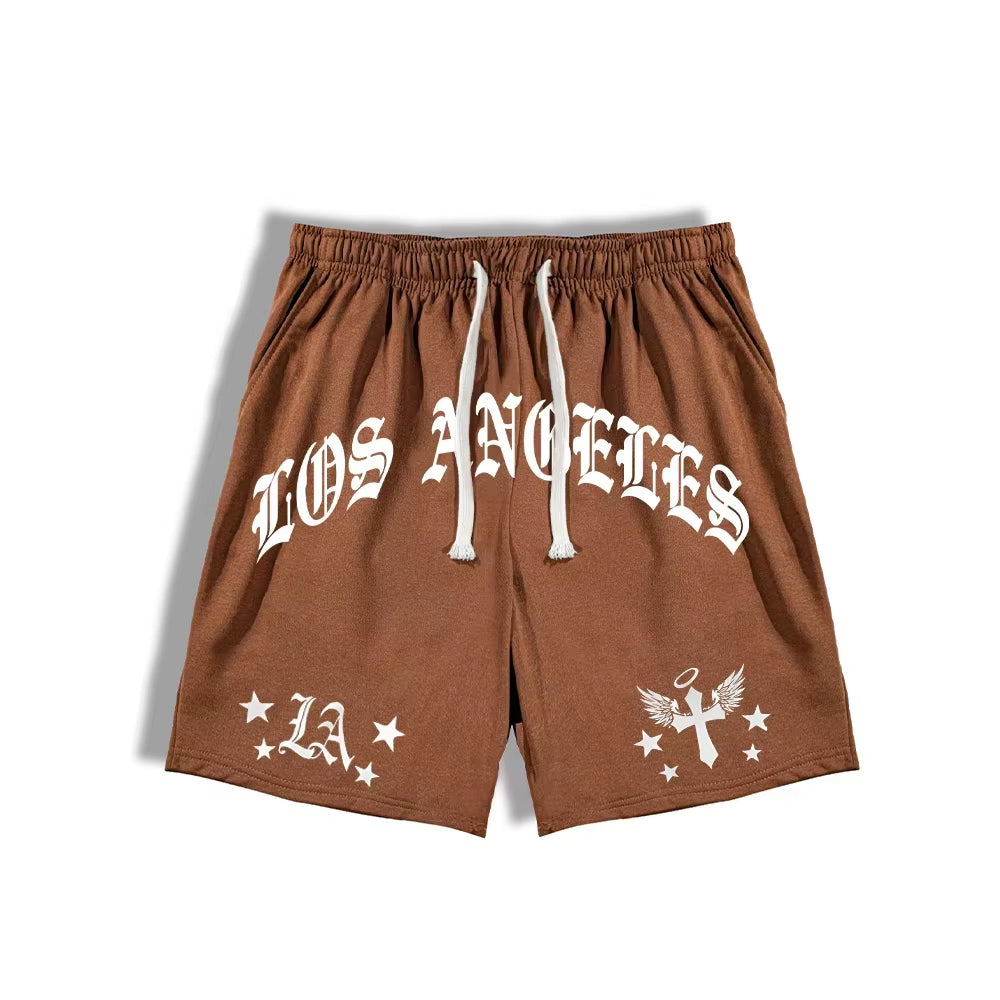 25 New Summer Men'S Loose Fit Shorts LA Letters Graphic Printed Drawstring Waist Shorts Gym Training Jogging Mesh Casual Shorts