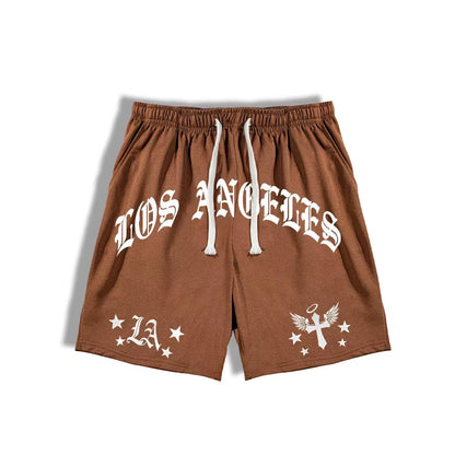 25 New Summer Men'S Loose Fit Shorts LA Letters Graphic Printed Drawstring Waist Shorts Gym Training Jogging Mesh Casual Shorts