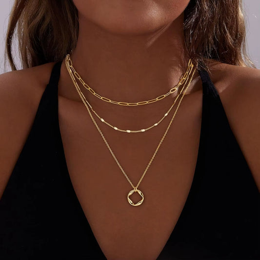 Layered Gold Necklaces for Women Stackable14K Gold Silver Plated Circle Paperclip Chain Pendant Choker Necklace Set for Woman