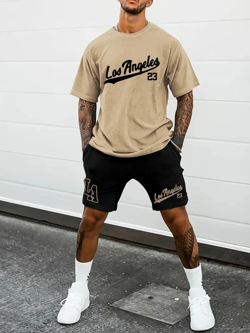 Summer Casual Crewneck Men'S Suit Unique Letters 26 Print Urban Fashion Street Short Sleeve Top and Shorts Two Pieces