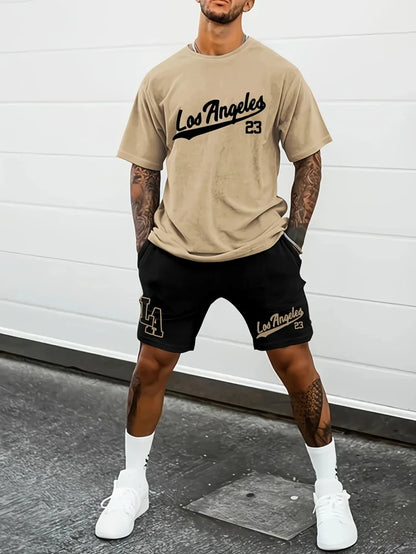 Summer Casual Crewneck Men'S Suit Unique Letters 26 Print Urban Fashion Street Short Sleeve Top and Shorts Two Pieces