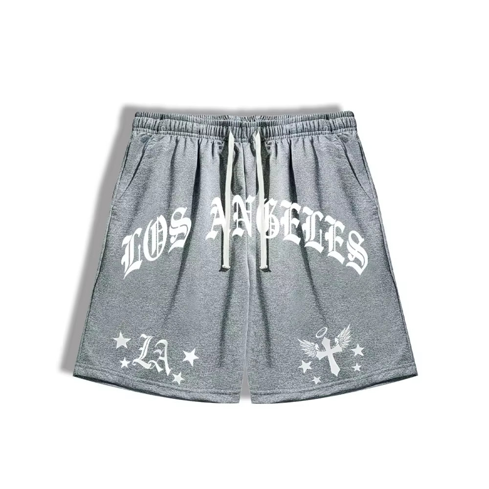 25 New Summer Men'S Loose Fit Shorts LA Letters Graphic Printed Drawstring Waist Shorts Gym Training Jogging Mesh Casual Shorts