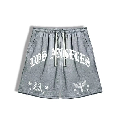 25 New Summer Men'S Loose Fit Shorts LA Letters Graphic Printed Drawstring Waist Shorts Gym Training Jogging Mesh Casual Shorts