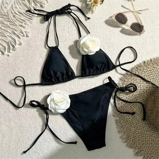 Sexy Flower Bandeau Swimwear Thong Bikini 2025 Women Lace-Up Swimsuits Swimming Bathing Suit Brazilian Bikinis Set Mujer Biquini