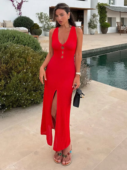 Summer Knitted Hollow Out Long Dress Women Sleeveless Deep V-Neck Split Solid Slim Dresses Fashion 2024 Lady Beach Vacation Robe