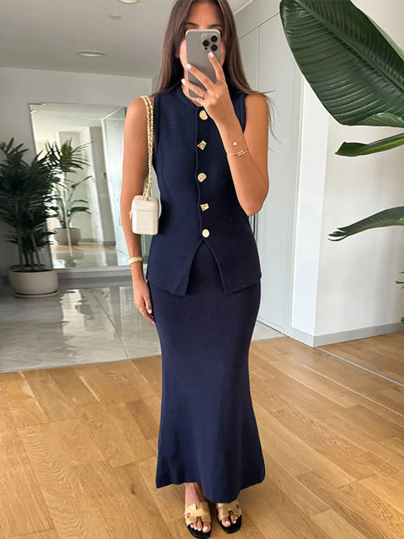 Elegant Knit Vest Suit – O-Neck Waistcoat & Bodycon Midi Skirt