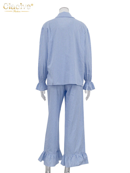 Fashion Loose Plaid Cotton Women'S 3 Pieces Set 2025 Elegant Long Sleeve Shirt with High Wiast Wide Pants Set Female