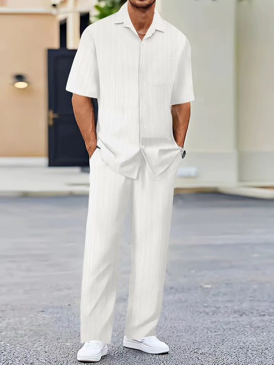 European and American Men'S Shirt Set Solid Color Vertical Strip Lapel Short-Sleeved Casual Pants Home Daily Beach Set