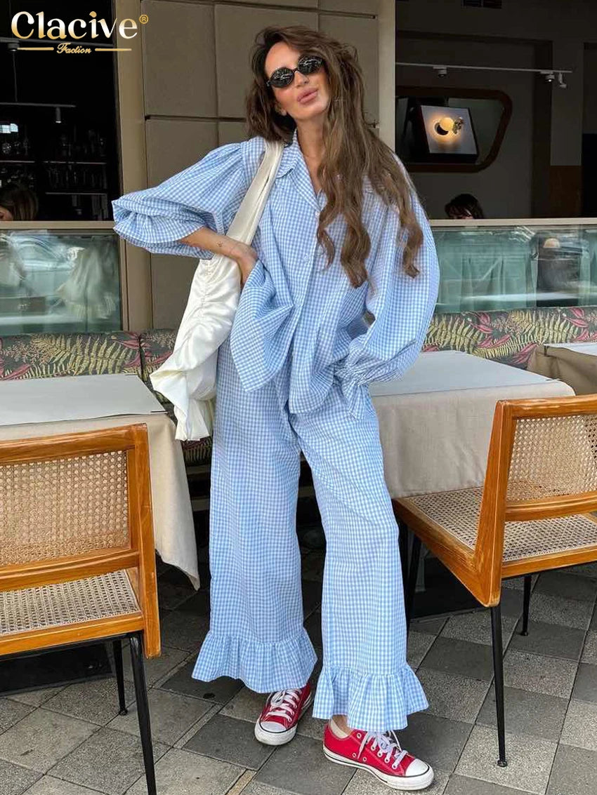 Fashion Loose Plaid Cotton Women'S 3 Pieces Set 2025 Elegant Long Sleeve Shirt with High Wiast Wide Pants Set Female