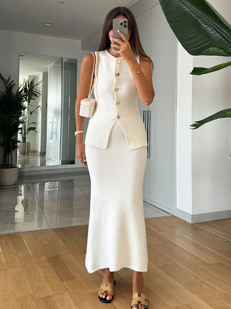 Elegant Knit Vest Suit – O-Neck Waistcoat & Bodycon Midi Skirt