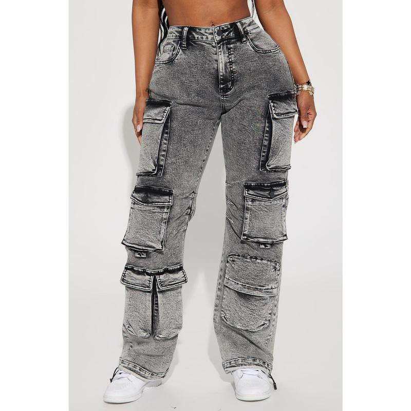 Fairfax High Rise Stretch Cargo Jeans - Acid Wash Grey