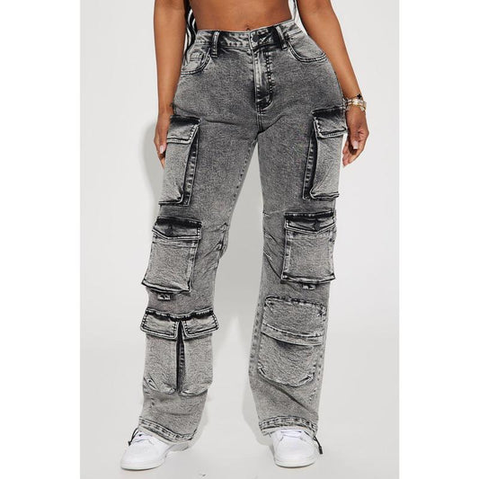 Fairfax High Rise Stretch Cargo Jeans - Acid Wash Grey