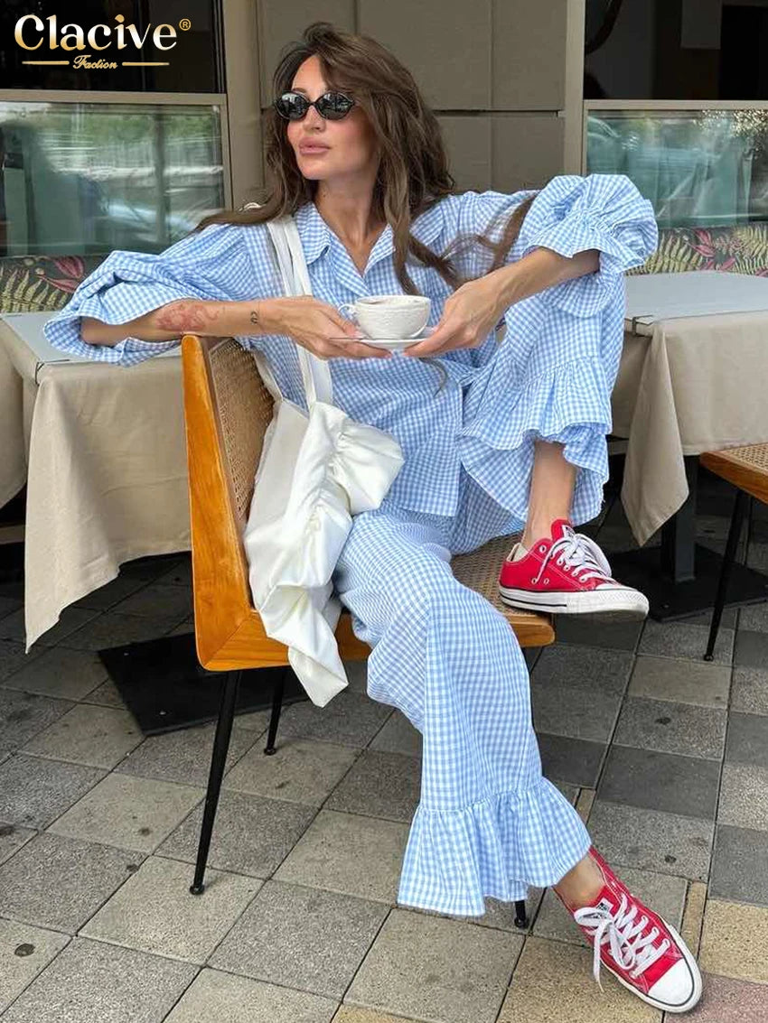 Fashion Loose Plaid Cotton Women'S 3 Pieces Set 2025 Elegant Long Sleeve Shirt with High Wiast Wide Pants Set Female