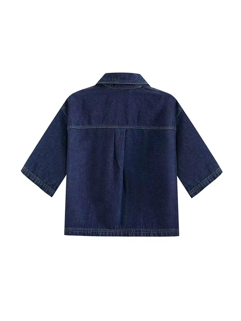 2025 Women'S Fashion Flip Pocket Decoration Short Flip Collar Slim Fit Denim Top + Asymmetric Denim Skirt 2 Piece Set