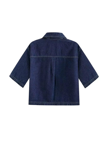 2025 Women'S Fashion Flip Pocket Decoration Short Flip Collar Slim Fit Denim Top + Asymmetric Denim Skirt 2 Piece Set