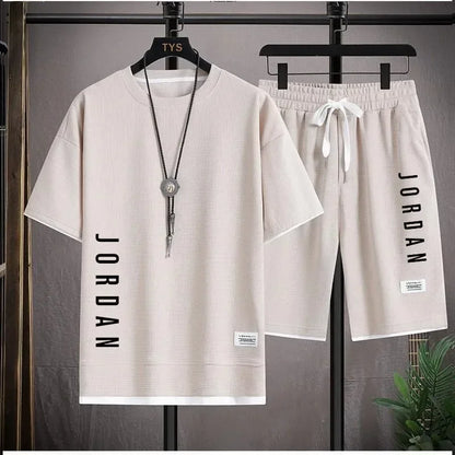 Stylish Casual T-Shirt + Shorts Set Men'S Sports Set Loose Comfortable Low Run 2025 Men'S Summer Waffle Suit