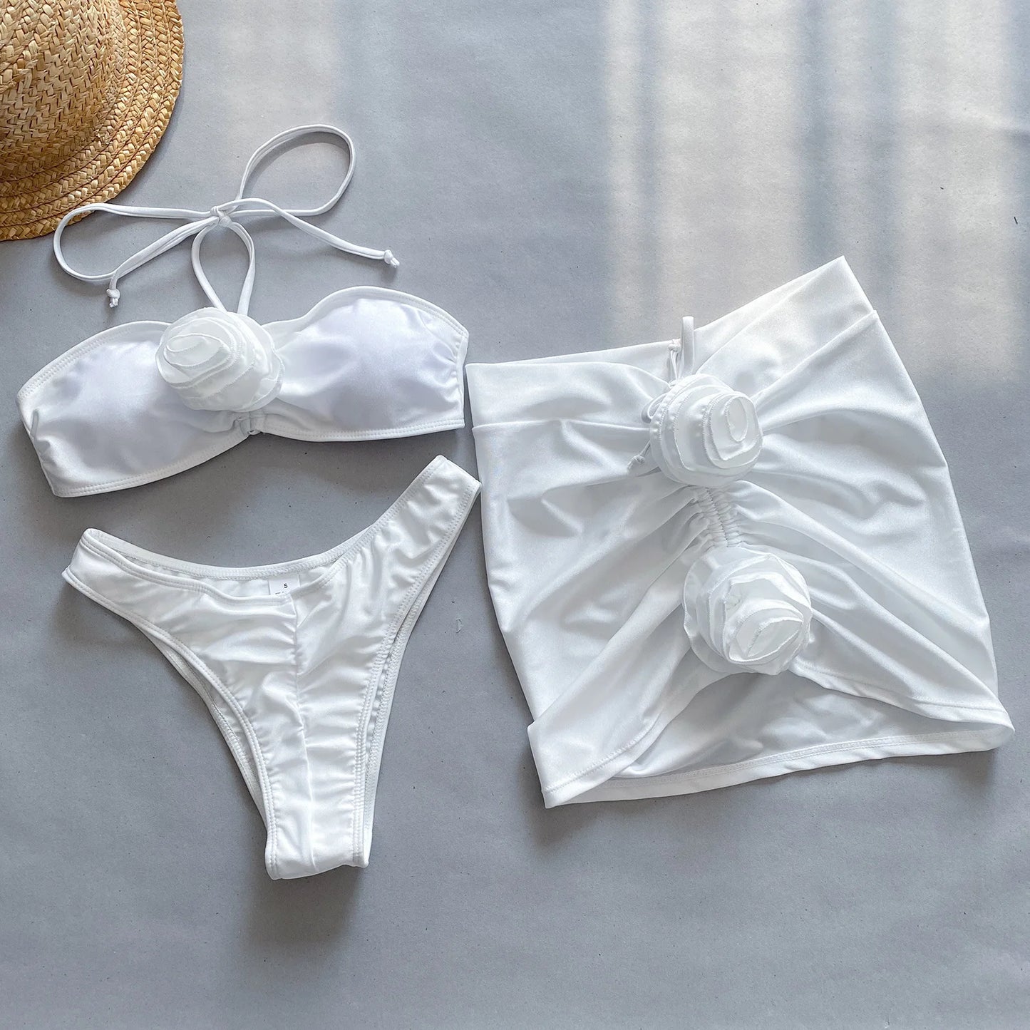 3-Piece Bikini Set – 3D Floral Design with Mesh Cover-Up