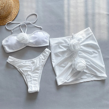 3-Piece Bikini Set – 3D Floral Design with Mesh Cover-Up