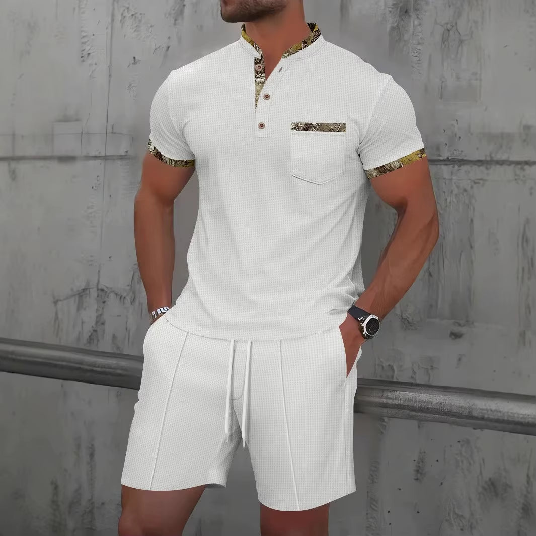 2025 Men Europe and the United States New Summer Waffle Solid Color Zip-Up Lapel Short-Sleeve Suit Shorts Two Sets