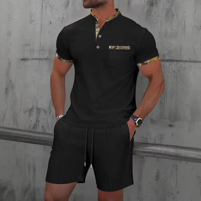 2025 Men Europe and the United States New Summer Waffle Solid Color Zip-Up Lapel Short-Sleeve Suit Shorts Two Sets