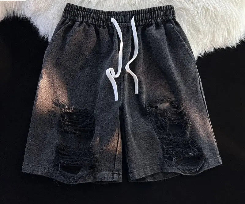 American New High Street Design Ripped Denim Men Shorts Ins Loose Straight Pants Elastic Waist Couple Mid-Pants