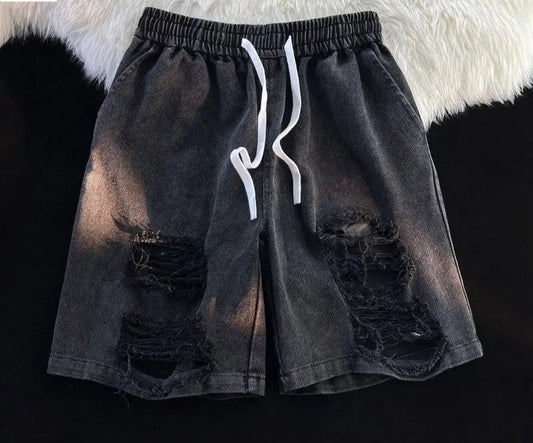 American New High Street Design Ripped Denim Men Shorts Ins Loose Straight Pants Elastic Waist Couple Mid-Pants