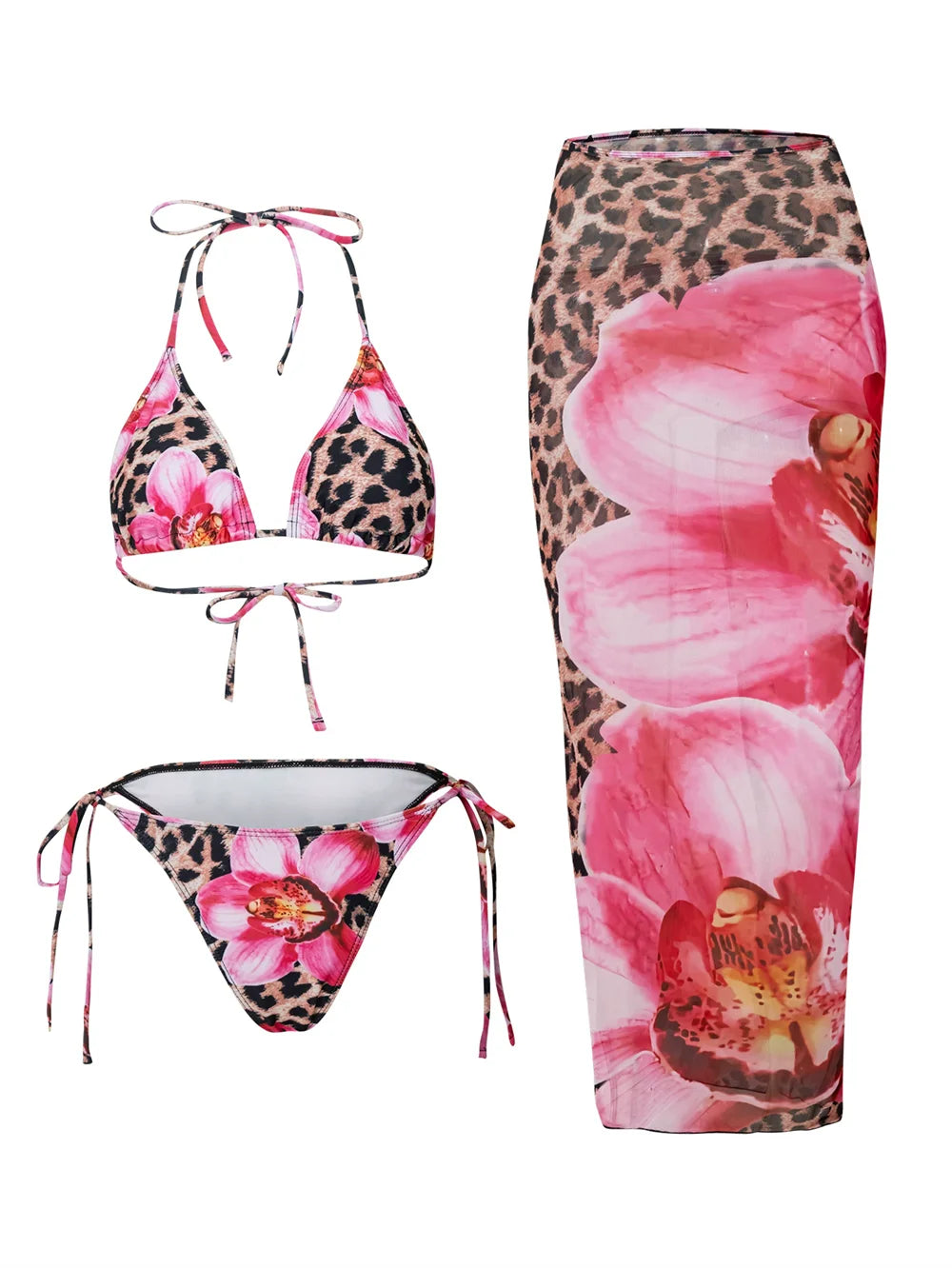3-Piece Floral Bikini Set – High-Waist, Backless Top & Long Skirt Cover-Up (2025)