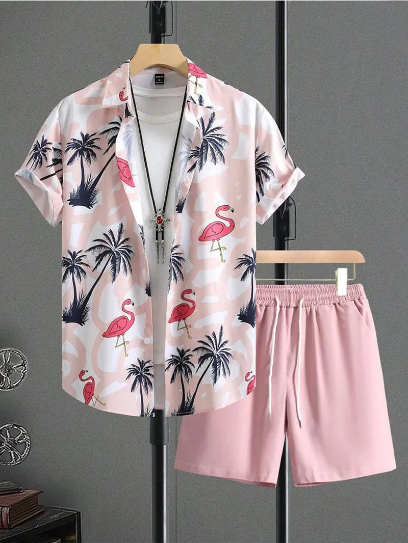 Casual Men's Summer Set – Striped Shirt & Hawaiian Beach Shorts