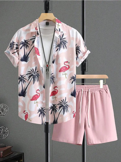 Casual Men's Summer Set – Striped Shirt & Hawaiian Beach Shorts