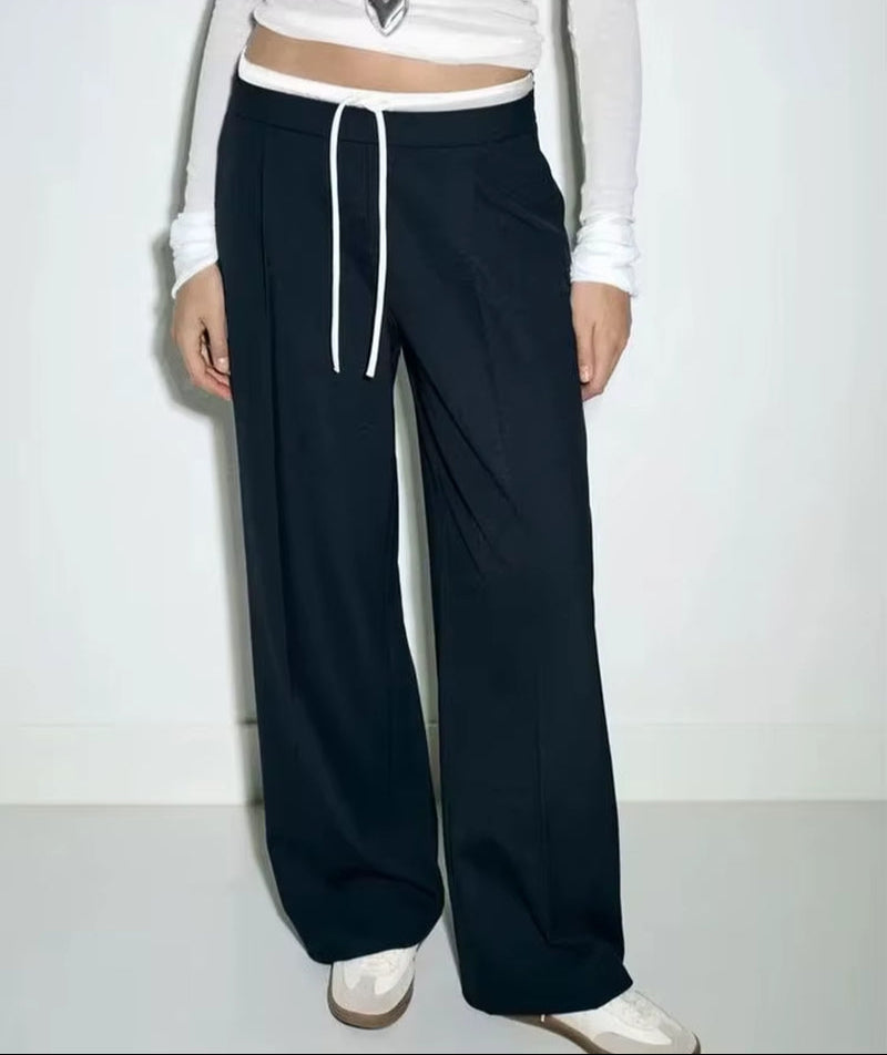 2024 Women Fashion Vintage Solid Straight Pants Side Zipper Drawstring Casual Trousers Spring New Female Wide Leg Pants