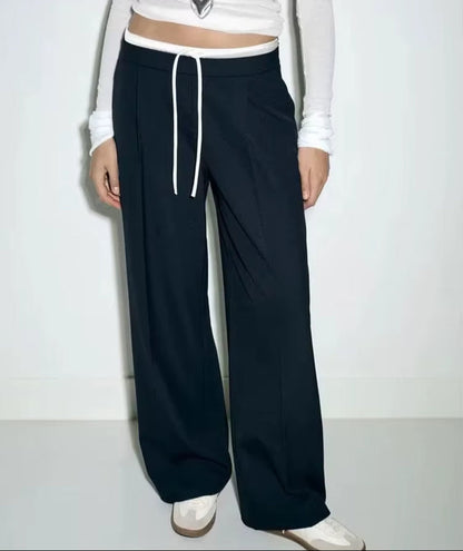 2024 Women Fashion Vintage Solid Straight Pants Side Zipper Drawstring Casual Trousers Spring New Female Wide Leg Pants
