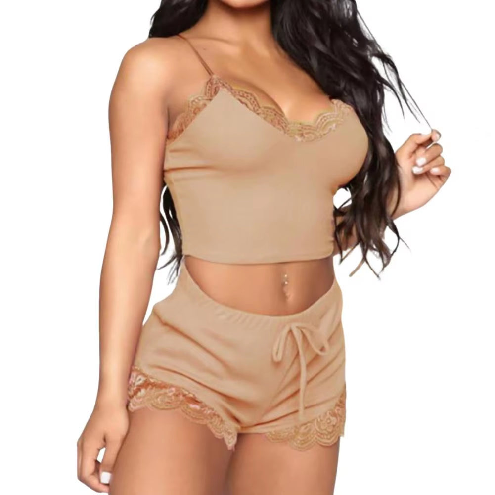 2 Pcs/Set Fabulous Sleeveless Lady Night Clothes Patchwork Women Pajamas Set Drawstring Lady Pajamas for Sleeping