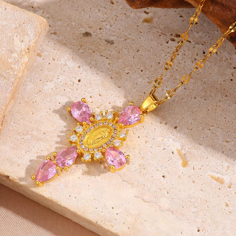 Virgin Mary Cross Teardrop Color Pendant Necklaces for Women