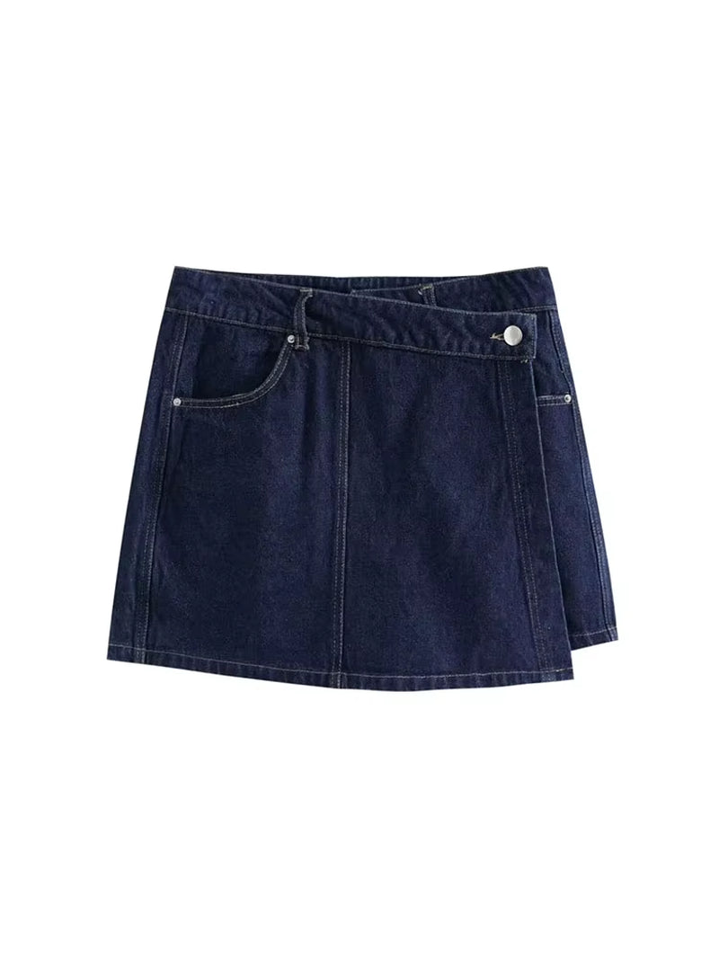2025 Women'S Fashion Flip Pocket Decoration Short Flip Collar Slim Fit Denim Top + Asymmetric Denim Skirt 2 Piece Set
