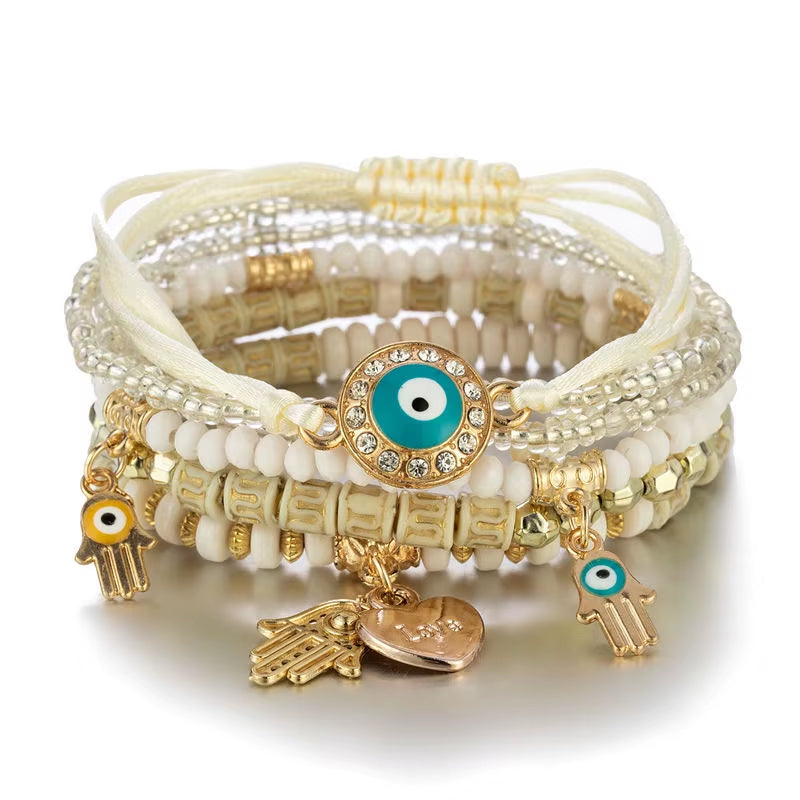 6Pcs/Set Bohemian Evil Eye Bracelet Set for Women Fatima Hand Heart Charm Beaded Rope Chain Bangle Female Jewelry Gift