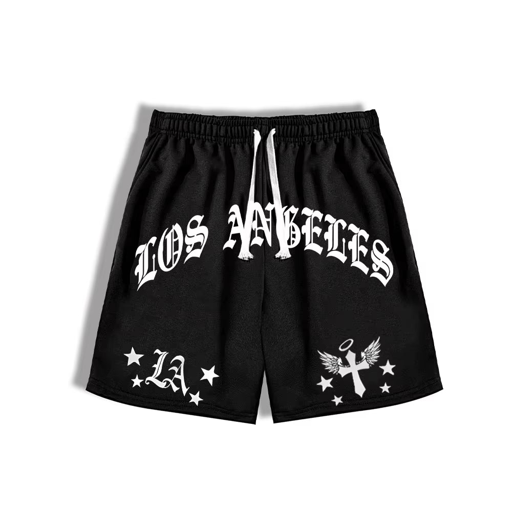 25 New Summer Men'S Loose Fit Shorts LA Letters Graphic Printed Drawstring Waist Shorts Gym Training Jogging Mesh Casual Shorts