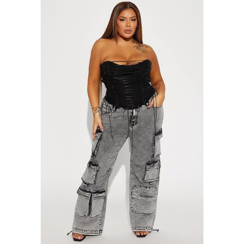 Fairfax High Rise Stretch Cargo Jeans - Acid Wash Grey