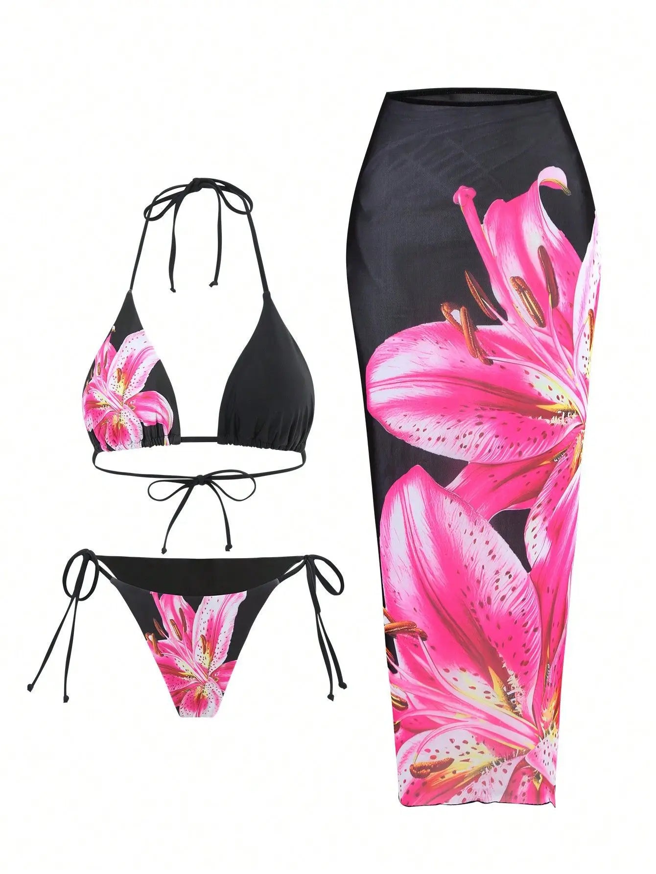 3-Piece Floral Bikini Set – High-Waist, Backless Top & Long Skirt Cover-Up (2025)