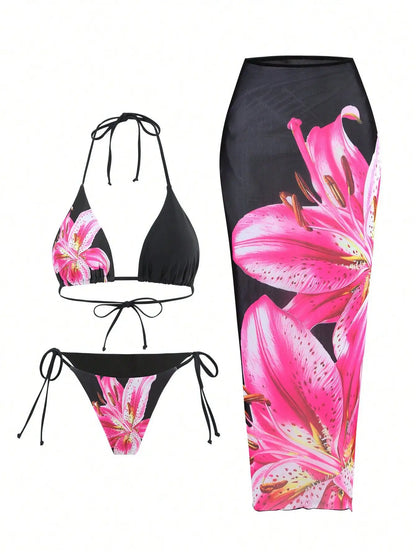 3-Piece Floral Bikini Set – High-Waist, Backless Top & Long Skirt Cover-Up (2025)