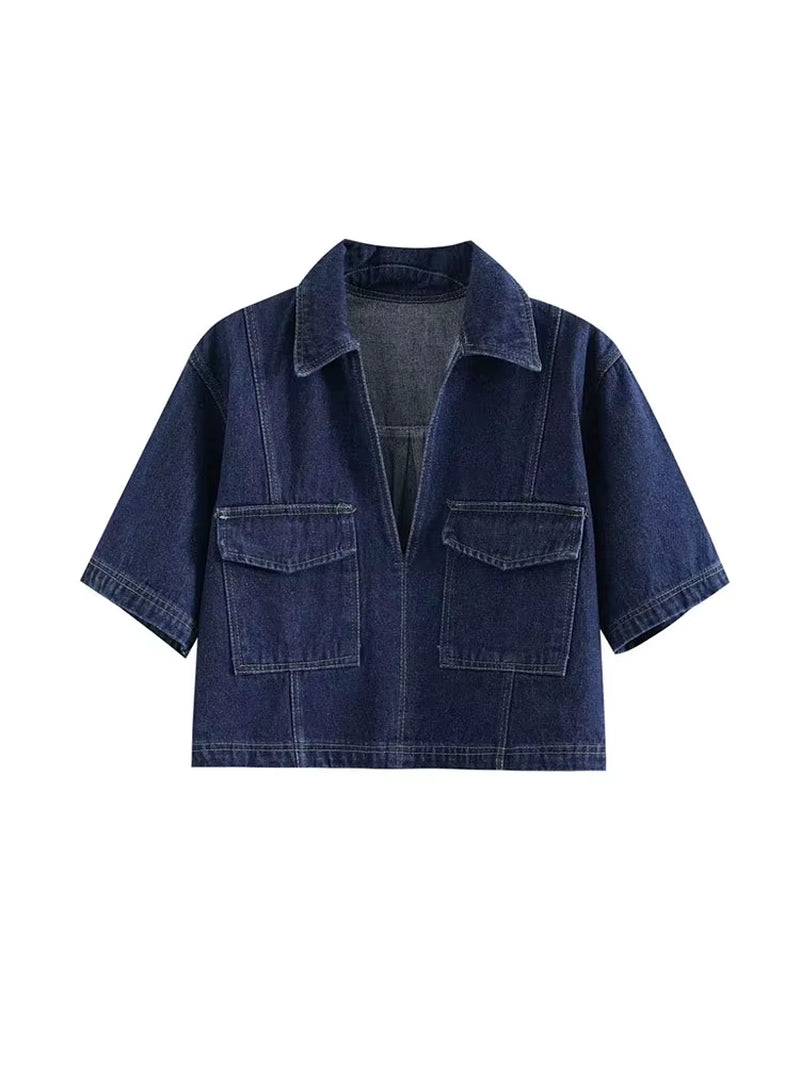 2025 Women'S Fashion Flip Pocket Decoration Short Flip Collar Slim Fit Denim Top + Asymmetric Denim Skirt 2 Piece Set