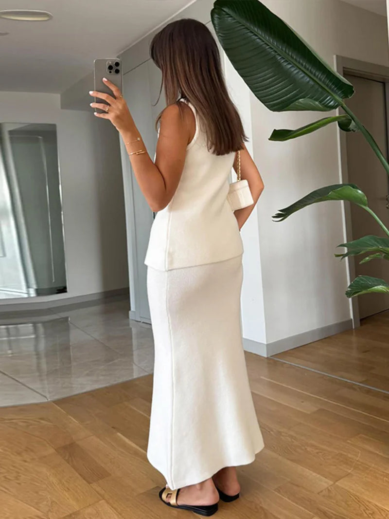 Elegant Knit Vest Suit – O-Neck Waistcoat & Bodycon Midi Skirt