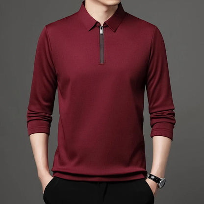 New T Shirt Zipper Polo Shirt Male Fashion Turn-Down Collar Long Sleeve Business Men Clothes