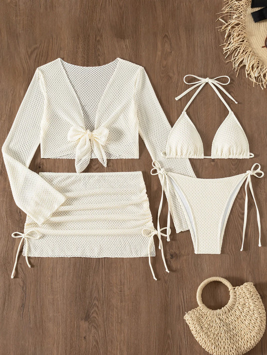 White Mesh 4-Piece Bikini Set – Long Sleeve Cover-Up, Skirt