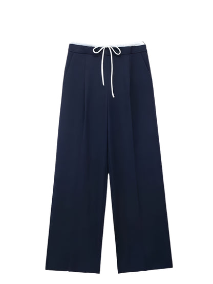 2024 Women Fashion Vintage Solid Straight Pants Side Zipper Drawstring Casual Trousers Spring New Female Wide Leg Pants
