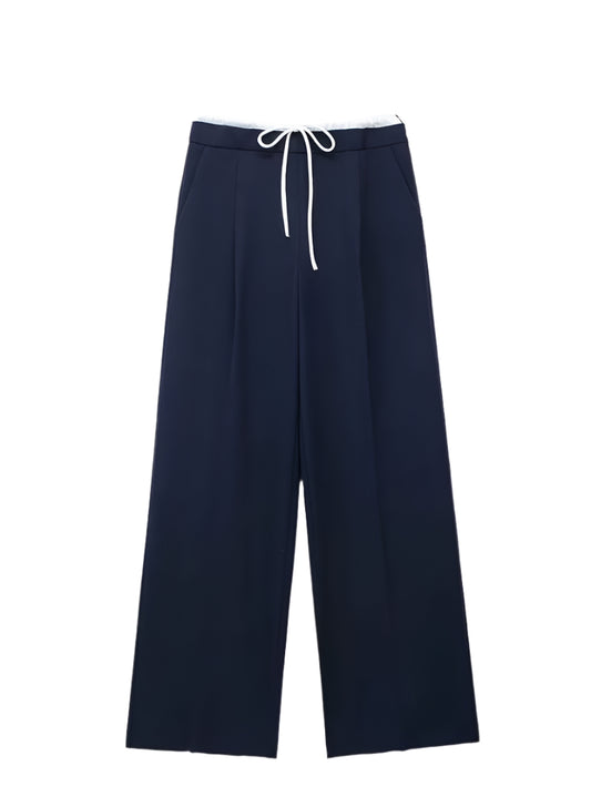 2024 Women Fashion Vintage Solid Straight Pants Side Zipper Drawstring Casual Trousers Spring New Female Wide Leg Pants